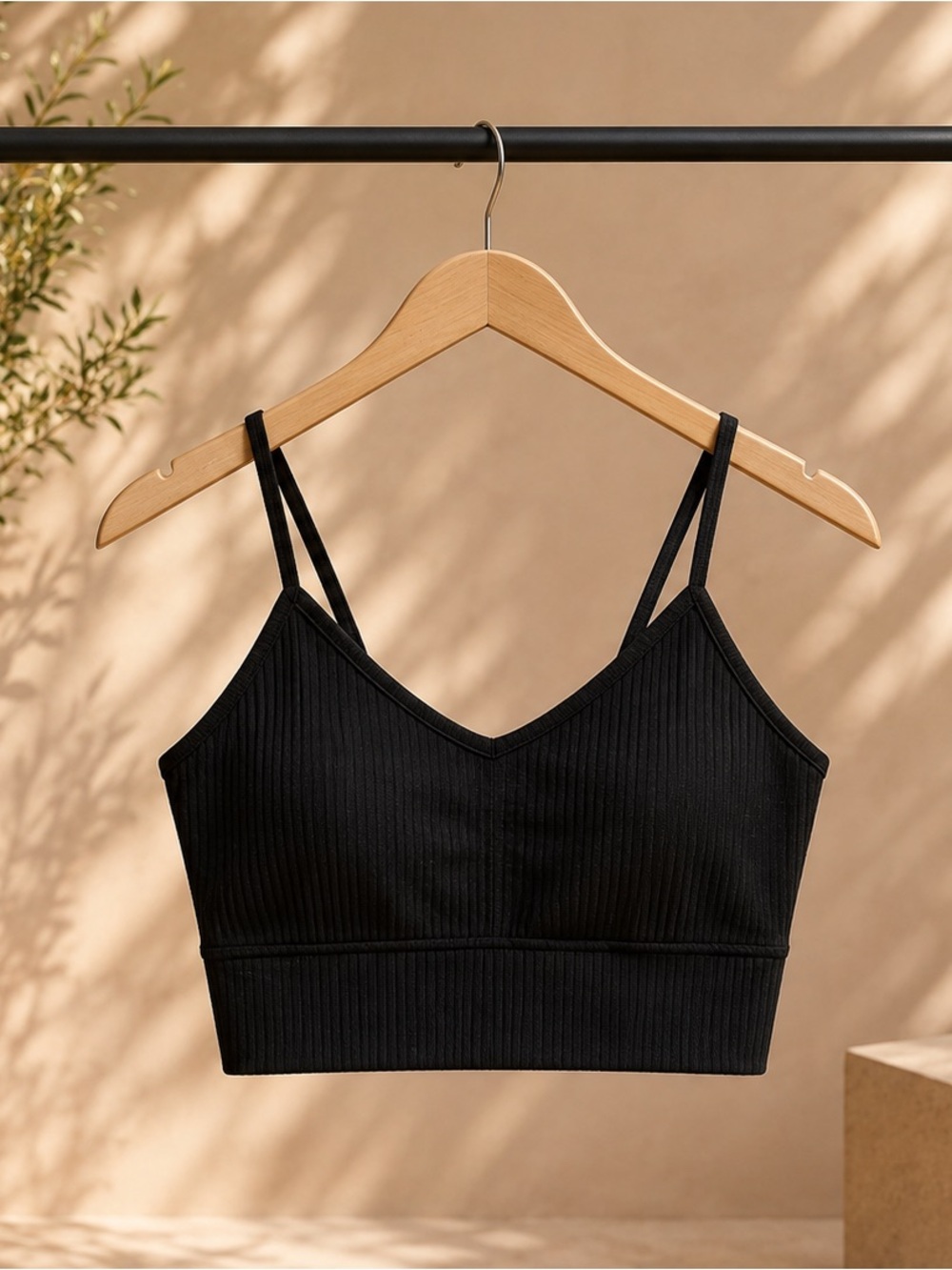 Black Ribbed V-Neck padded Bralette Crop Top - Women